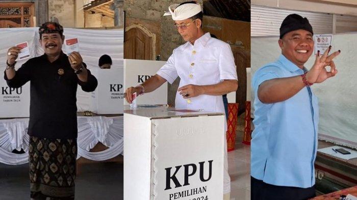 Ketiga Calon Bupati Klungkung saat menyalurkan hak suaranya di TPS masing-masing, Rabu (27/11/2024). Paslon 2 yakni Satriya diklaim unggul sementara penghitungan cepat.