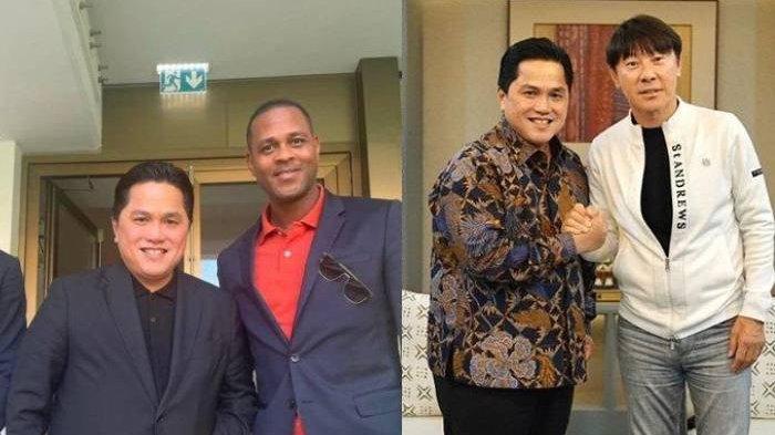 Kolase foto Erick Thohir bersama Patrick Kluivert dalam foto yang beredar luas di media sosial dan foto Erick Thohir bersama Shin Tae-yong.