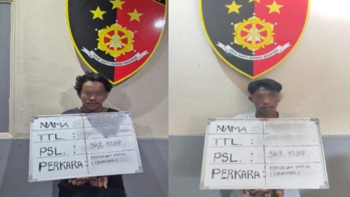 TERSANGKA - 2 tersangka asal Sumba Barat Daya Nusa Tenggara Timur Ferdianus Holo (23) dan Agustinus Lota Bomo (22) yang melakukan aksi pencurian sepeda motor di kawasan timur Lapangan Renon, Jalan Ir Juanda, Denpasar Timur, Bali.