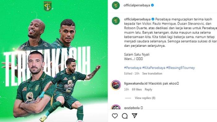 Pengumuman Persebaya lepas pemain asingnya di bursa transfer Liga 1 2024. tangkap layar instagram@official Persebaya