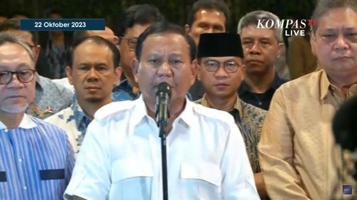 Bakal calon presiden (bacapres) dari Koalisi Indonesia Maju (KIM), Prabowo Subianto, mengumumkan bakal calon wakil presiden (bacawapres) pendampingnya, Minggu 22 Oktober 2023 malam.