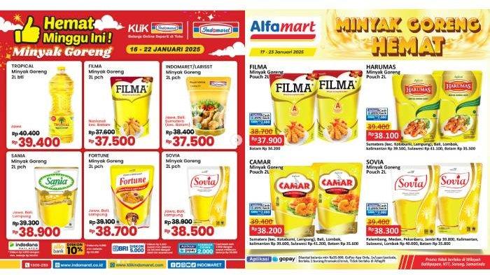Kolase foto promo minyak goreng di Promo Alfamart dan Promo Indomaret hingga 23 Januari 2025.