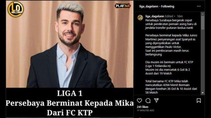 Rumor diminatinya sosok striker asal Spanyol, yakni Mika Junco Martinez oleh Persebaya Surabaya untuk menggantikan Paulo Victor, Selasa 26 September 2023. Instagram @liga_dagelann