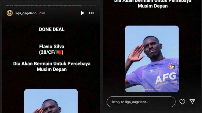 Rumor merapatnya striker Persik Kediri, Flavio Silva ke Persebaya Surabaya untuk musim 2024/2025. Instagram story @liga_dagelann