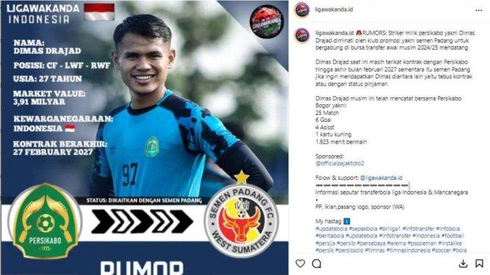 Rumor striker Persikabo 1973, Dimas Drajad yang dirumorkan tengah masuk lis belanja Persib Bandung untuk musim 2024/2025 mendatang. Instagram story @ligawakandaindonesia