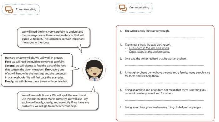Berikut ini kunci jawaban Bahasa Inggris kelas 9 Halaman 129, Communicating: Orphan Song by Toto