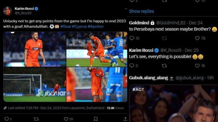Sosok Karim Rossi disinyalir tengah menebar kode bahwa ia berkemungkinan untuk bermain di Persebaya Surabaya di Liga 1 2024 mendatang. X @K_Rossi9