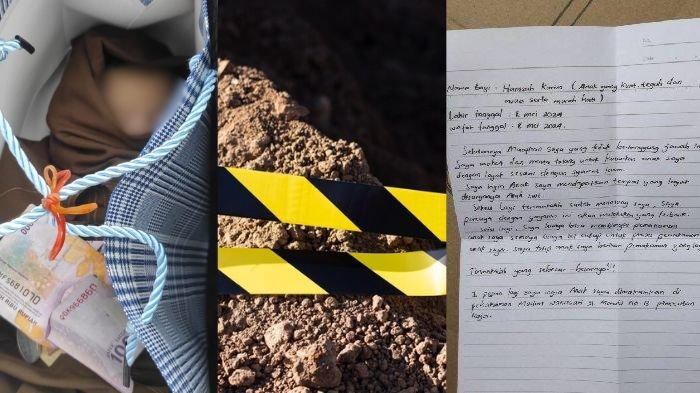 Sosok mayat bayi, uang tunai 1jt, dan sepucuk surat yang ditemukan pada bak mobil pick up di Padangsambian Klod, Denpasar, Bali pada 10 Mei 2024.