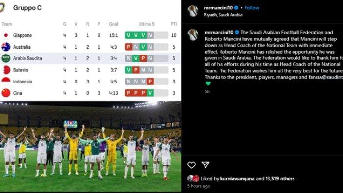 Unggahan Roberto Mancini setelah resmi dipecat dari kursi pelatih Arab Saudi oleh SAF.