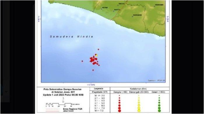 Update dari Badan Meteorologi, Klimatologi dan Geofisika (BMKG), catat 44 gempa susulan di Bantul, Daerah Istimewa Yogyakarta (DIY) hingga Sabtu (1/7/2023) pukul 08.00 WIB.