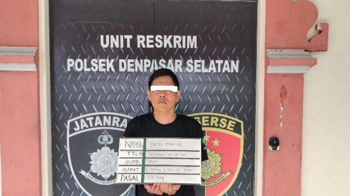 Sandi Kurnia, pelaku pencurian di Jl. Sidakarya, Denpasar saat diamankan di Mapolsek Denpasar Selatan. Nekat mencuri lantaran tak punya uang untuk pulang kampung.
