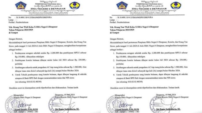Beredar kabar siswa  baru Tahun Ajaran 2024/2025 SMAN 6 Denpasar dikenakan pungutan sumbangan sukarela untuk pengadaan AC tiap ruang kelas sebesar Rp 1,5 juta yang dapat dibayar lunas atau dicicil tiga kali hingga Bulan Oktober 2024 - Bayar Pungutan AC Rp 1,5 Juta Per Siswa, Kepsek SMAN 6 Denpasar: Sudah Disepakati
