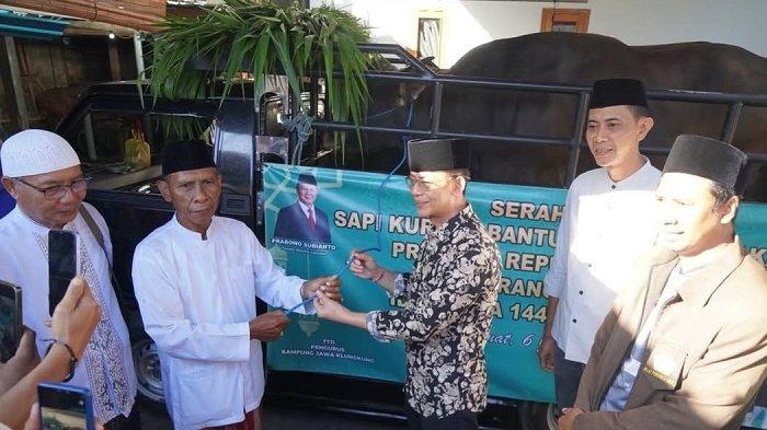 Bupati Klungkung I Made Satria bersama Wakil Bupati Klungkung Tjokorda Gde Surya Putra menyerahkan sapi bantuan Presiden Prabowo di Panti Asuhan Fajar Dua, Semarapura, Jumat (6/6).