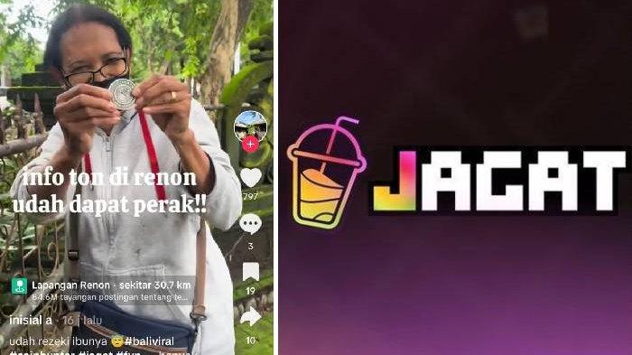 Kolase foto aplikasi Koin Jagat yang sedang viral di TikTok dan seorang warga yang menemukan koin di kawasan Renon Denpasar Bali.