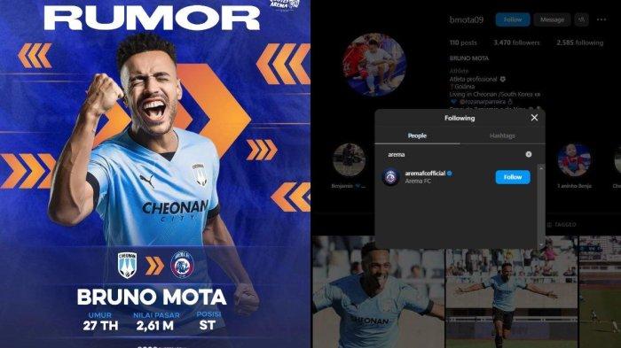 Kolase foto sosok Bruno Mota (kiri), striker asal Brasil yang kabarnya masuk lis belanja Arema FC dan tengah memberi kode keras dengan mengikuti Instagram resmi Singo Edan (kanan).