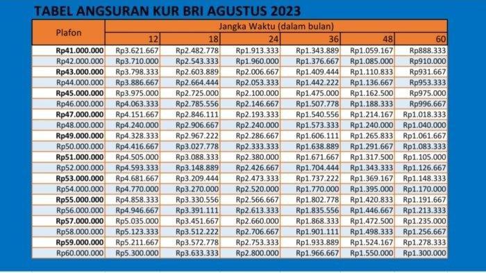 tabel angsuran KUR BRI 2023 Rp 41-60 Juta