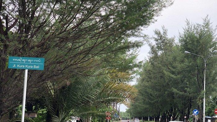 PLANG NAMA  - Papan informasi nama jalan Kura Kura Bali yang terpasang di ruas jalan utama saat masuk Pulau Serangan Denpasar.