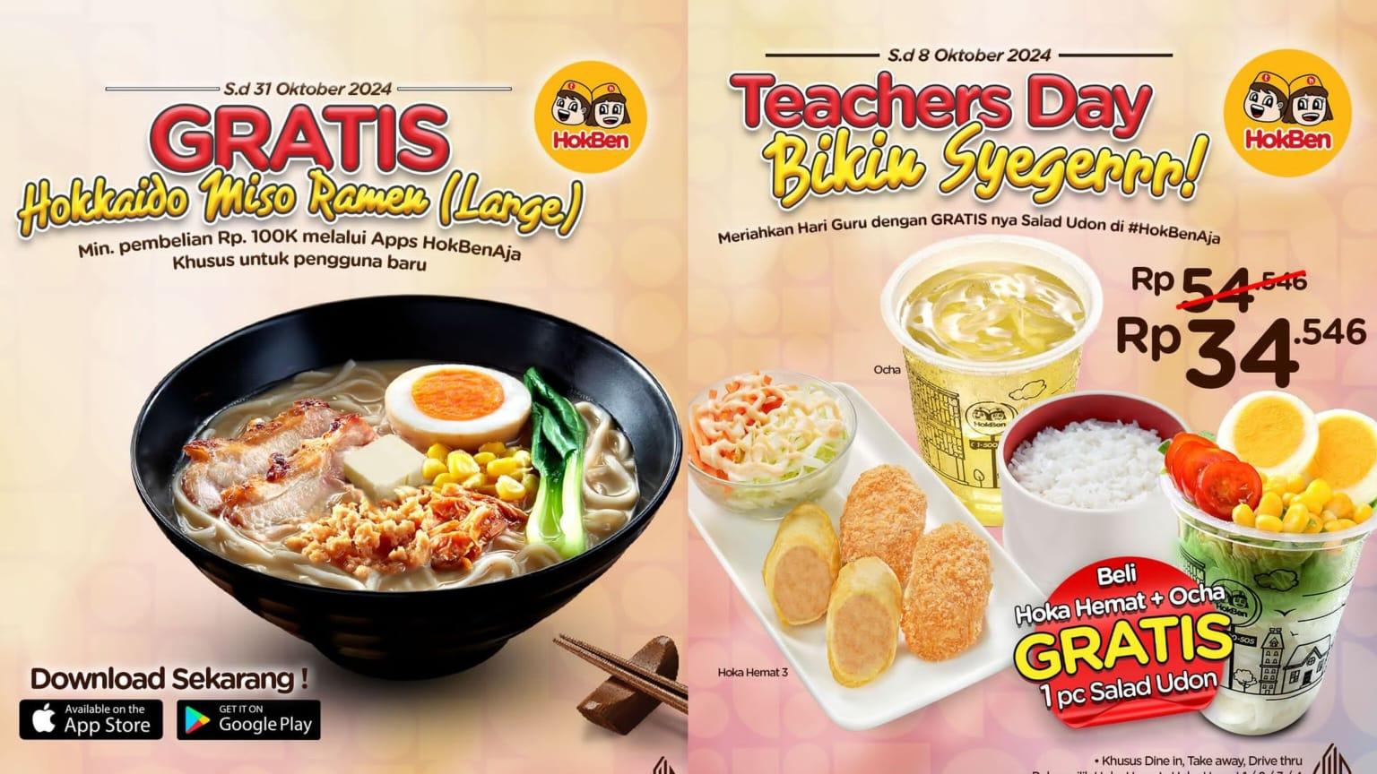 DISKON Spesial HokBen 7-8 Oktober 2024, Beli Hoka Hemat + Cold Ocha GRATIS Salad Udon