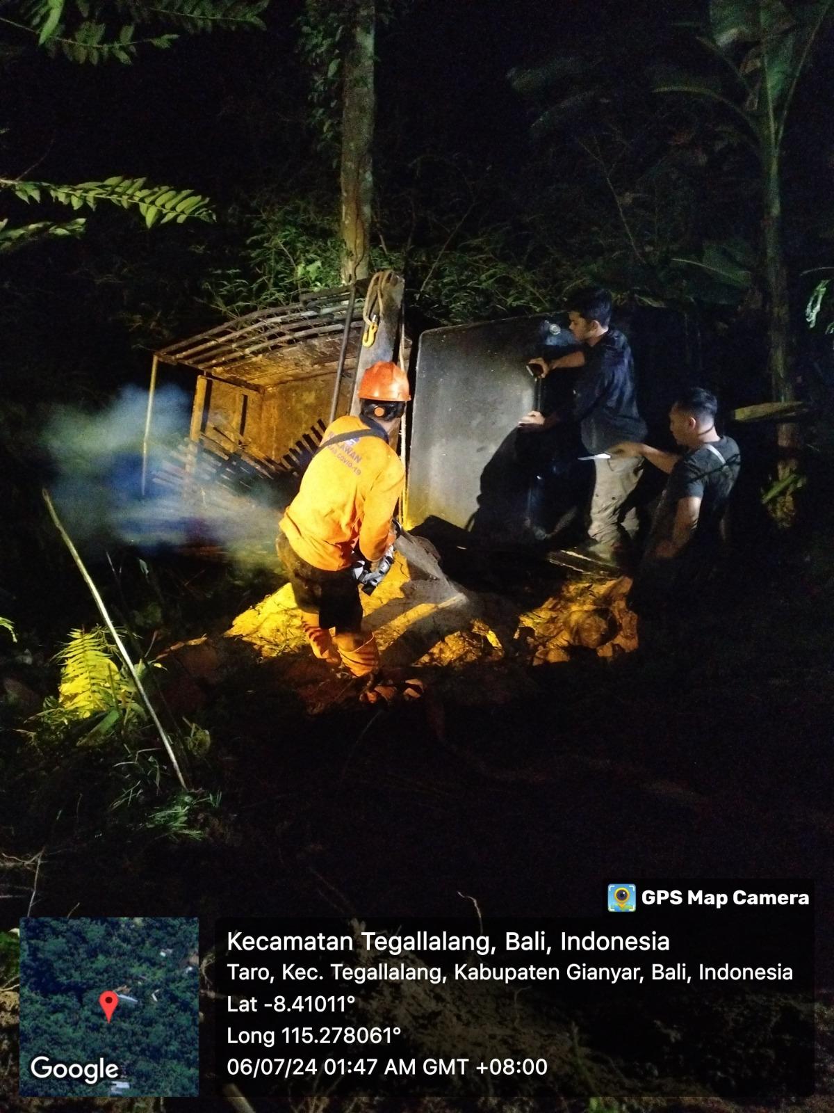 Mobil pengangkut sapi masuk jurang di Banjar Ked, Desa Taro, Kecamatan Tegalalang, Gianyar, Bali, Jumat 5 Juli 2024 lalu - Bantu Evakuasi Mobil Masuk Jurang, Kabid BPBD Gianyar Keluar Duit Rp 8 Juta