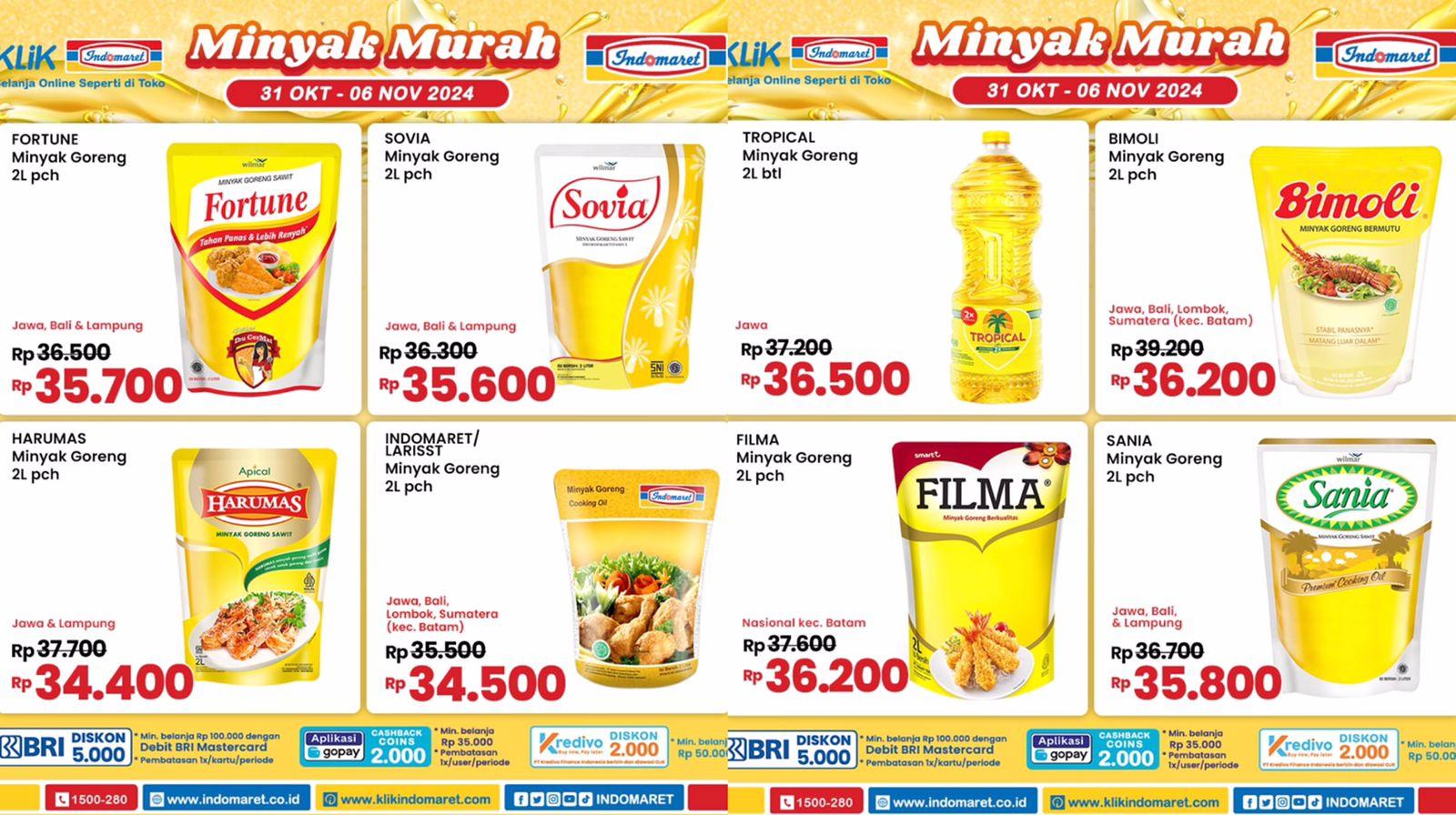 Promo Minyak Goreng Indomaret 3-6 November 2024, Sania Rp 35.800, Harumas Rp 34.400