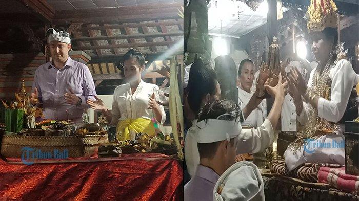 Ida Resi Alit atau Komang Widiantari dan Torin Logan menjalani prosesi upacara pernikahan di Banjar Tanggahan Tengah, Susut, Bangli, Jumat 17 Agustus 2018 malam.