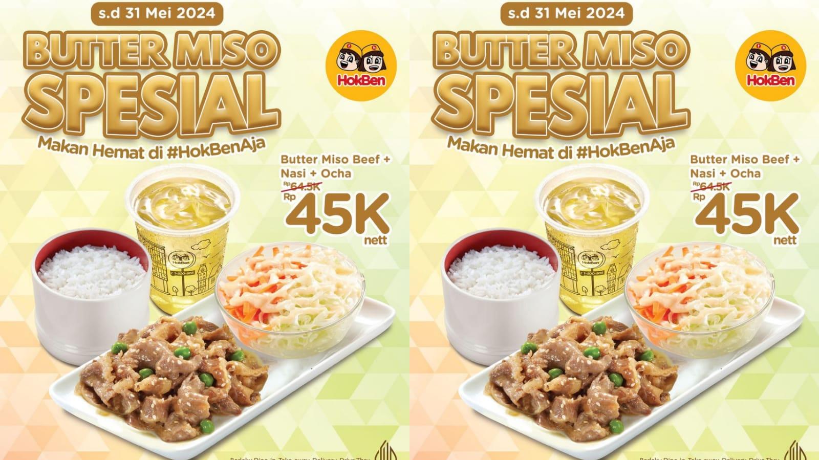 LEZAT! Promo HokBen 20-31 Mei 2024, Butter Miso Beef + Nasi + Cold Ocha Rp 45 Ribu