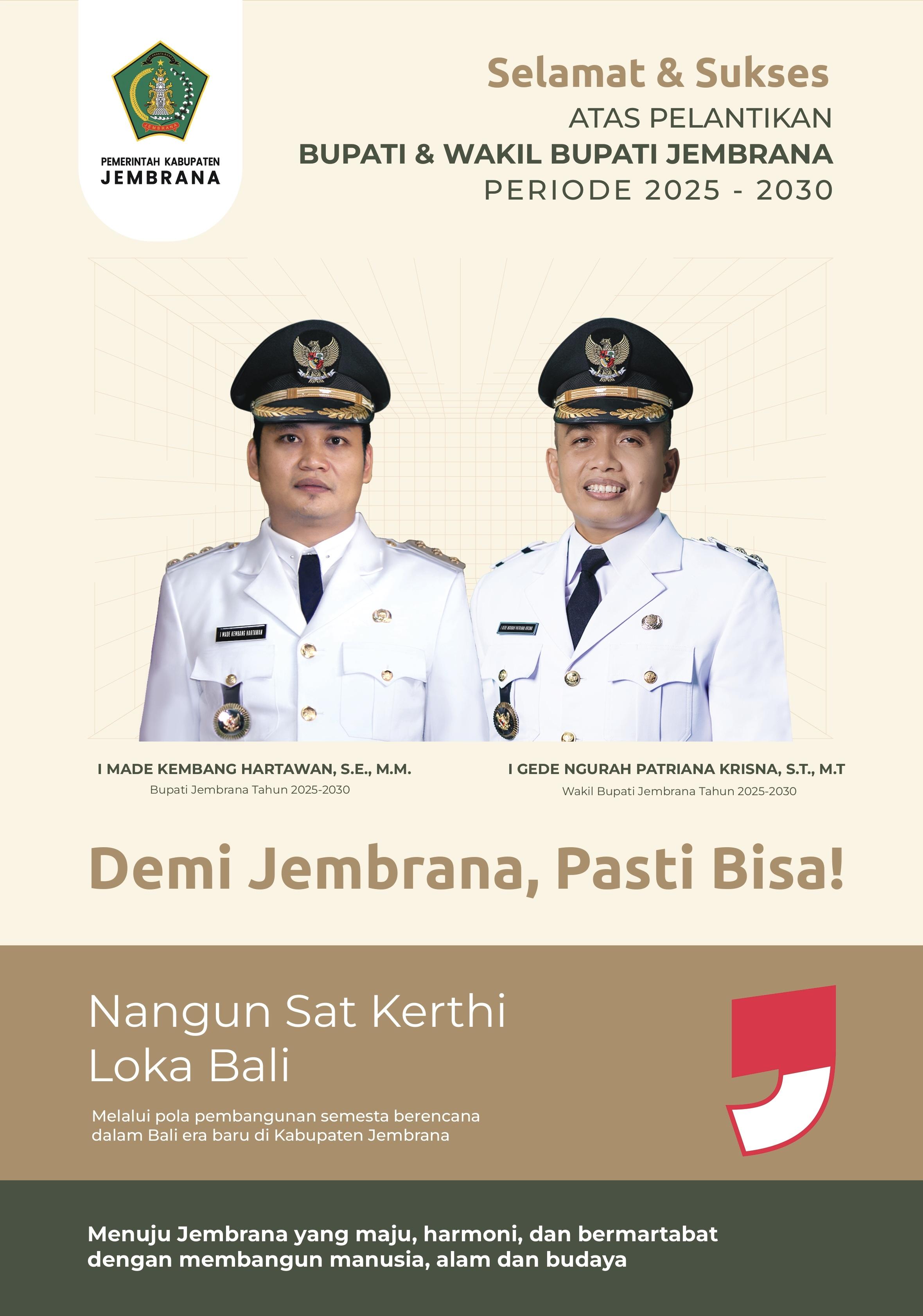 Pemkab Jembrana Mengucapkan Selamat Atas Pelantikan Bupati dan Wakil Bupati Periode 2025-2030