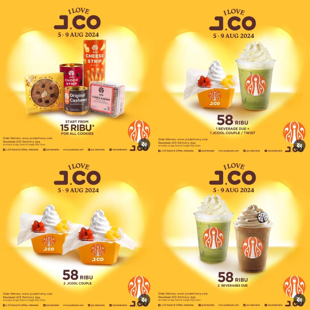 CUAN BANGET! Promo J.CO 5-9 Agustus 2024, 1 Lusin Donut + 1 Beverage Due + Jcool Couple Rp 113.000