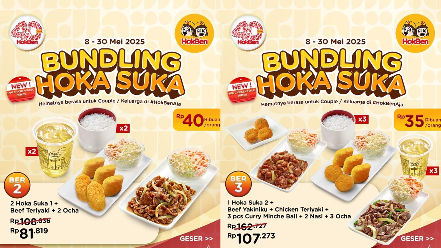 PROMO HokBen 15-31 Mei 2025, Dapatkan 2 Hoka Suka 1 + Beef Teriyaki + 2 Ocha Rp 81.819