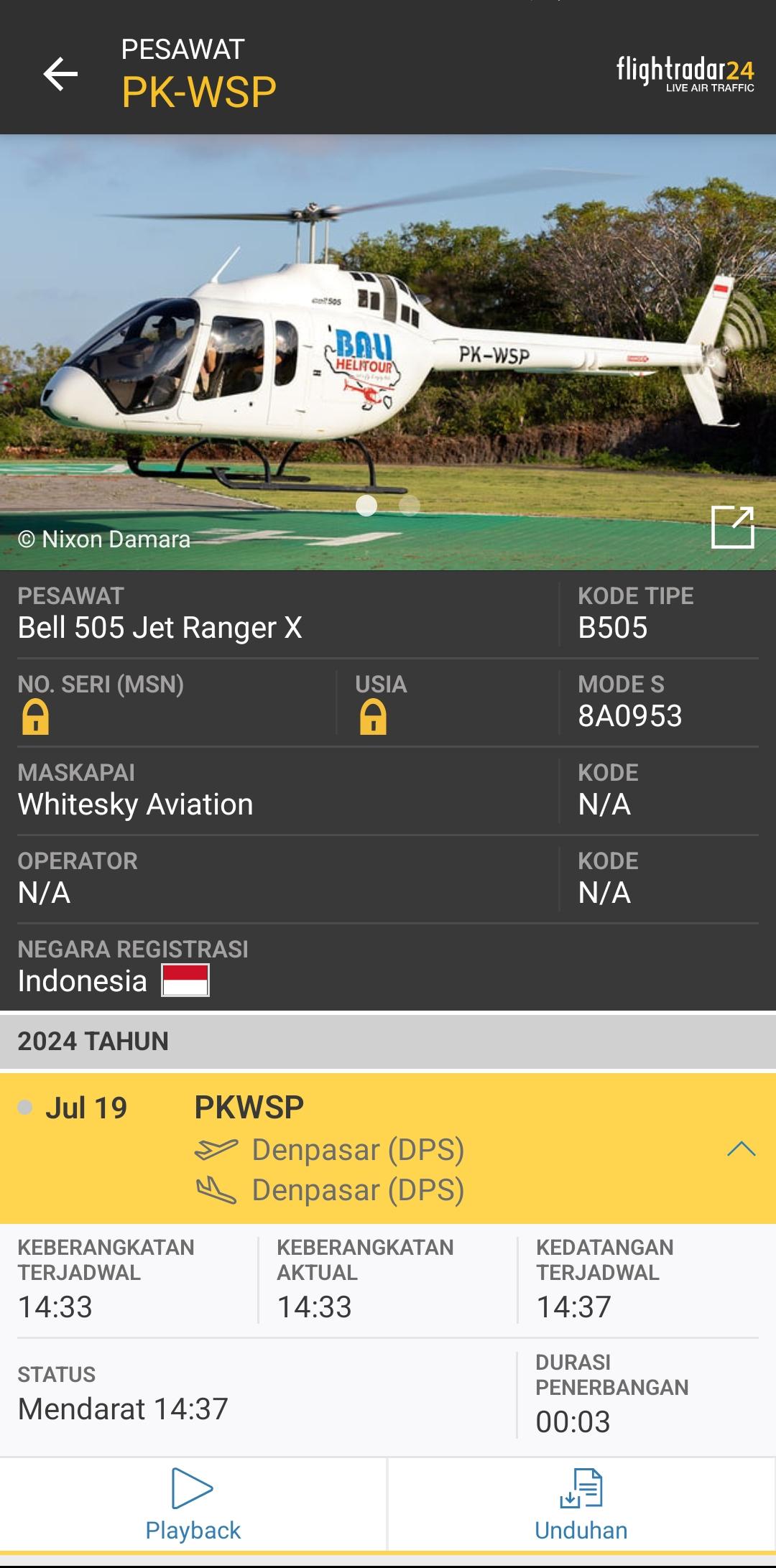 Tangkapan layar catatan penerbangan helikopter PK-WSP di aplikasi Flightradar24 - Helikopter Bali Heli Tour Baru Terbang Tiga Menit Lalu Terlilit Tali Layangan dan Jatuh