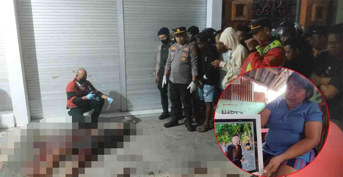 Aparat kepolisian Polres Badung saat melakukan evakuasi mayat yang merupakan korban pengeroyokan di Sempidi Badung pada Selasa 16 Januari 2024 pagi. Inset: Ibu korban pengeroyokan menangis menunjukkan foto anaknya semasa hidup di rumah duka di Buleleng, Senin 16 Januari 2024.