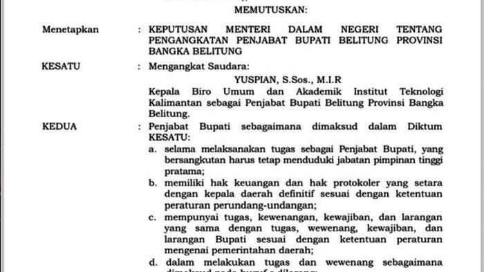 Potongan Surat Keputusan (SK) Menteri Dalam Negeri (Mendagri) tentang penunjukan Penjabat (PJ) Bupati Belitung kini beredar diberbagai group WhatsApp (WA). 