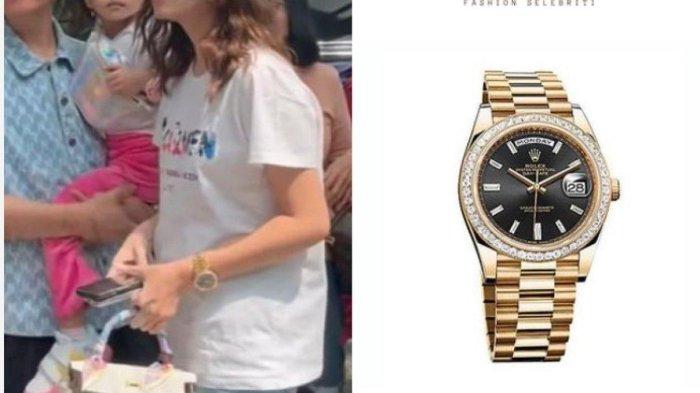 Selvi Ananda istri Gibran Rakabuming mengenakan seri Rolex Day Date 40 President Yellow Gold Diamond Bezel Black Diamond Dial on Presidental Bracelet 40mm.