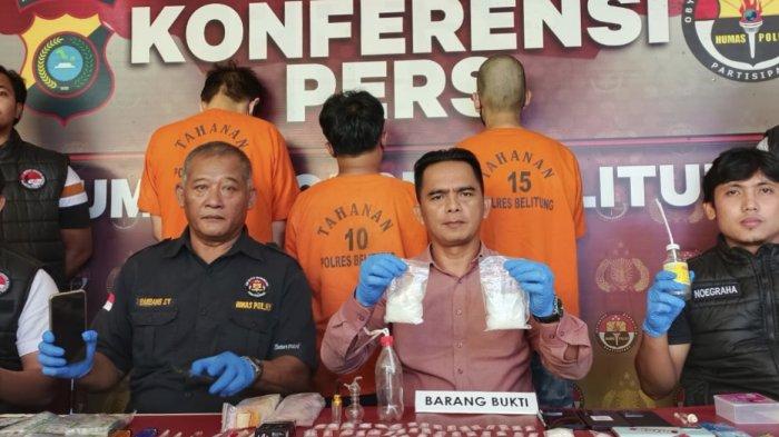 Kasatres Narkoba Polres Belitung, AKP Anton Sinaga SH menggelar konferensi pers penangkapan bandar sabu, Rabu (14/8/2024).