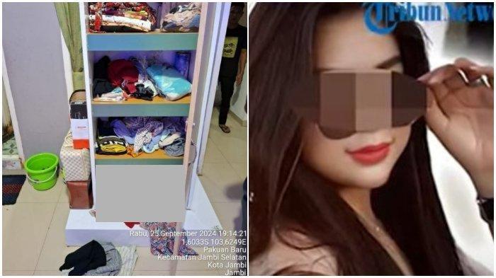 (Kiri) Lemari tempat jasad Risti Midia (30) wanita asal Serang, Banten ditemukan membusuk di kos Kelurahan Pakuan Baru, Kecamatan Jambi Selatan, Kota Jambi, Rabu (25/9/2024) malam. (Kanan) Foto korban semasa hidup.