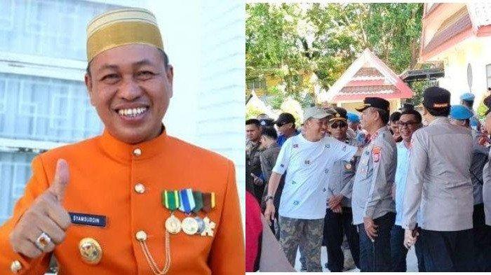 EKS BUPATI DEMO - Mantan Bupati Pangkep, Sulawesi Selatan (Sulsel) Syamsuddin Hamid pimpin demo di depan Gedung DPRD Pangkep, di Pangkajene, Pangkep, Sulsel, Selasa (22/4/2025).