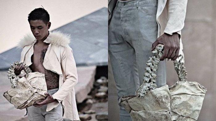 Perancang busana Arnold Putra menuai kontroversi karena tas yang ia buat dari tulang punggung bocah penderita osteoporosis.