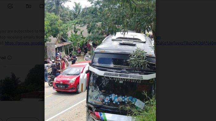 Kondisi bus yang terlibat kecelakaan lalu lintas di Desa Tajau Pecah, Kecamatan Batu Ampar, Kabupaten Tanah Laut, Minggu (14/4/2024). 