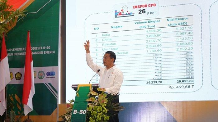 Menteri Pertanian (Mentan), Andi Amran Sulaiman sambutan di acara  Soft Launching implementasi Biodiesel B50, Minggu (18/08/2024), di Pabrik Biodiesel PT Jhonlin Agro Raya, Batulicin, Kabupaten Tanah Bumbu, Kalimantan Selatan.