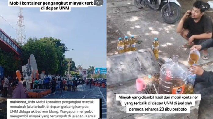 Ratusan warga di Makassar mengambil tumpahan minyak dari truk yang berhamburan di jalanan