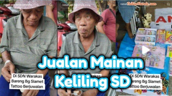 Pak Tarno terekam jualan mainan di depan sekolahan.