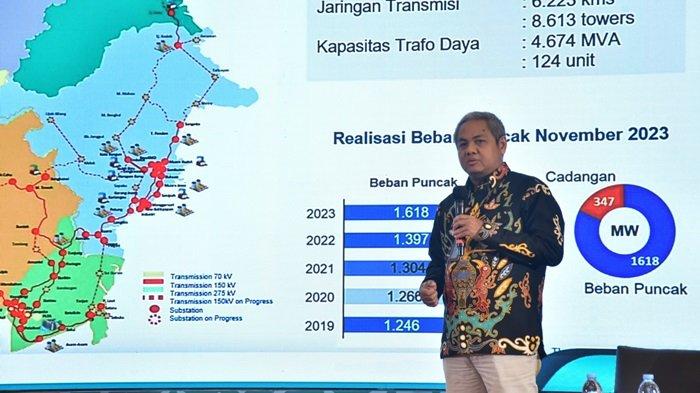 Paparan Kesiapan Sistem Kelistrikan oleh Senior Manager Perencanaan PLN UID Kalselteng Ahmad Samsuri dalam acara Forum Investor Kalimantan Tengah 2023