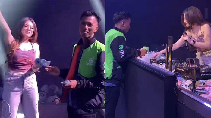 SAWER - Pria berpakaian jaket driver ojek online viral gegara menyawer DJ Nathalie Holscher saat tampil di Banjarmasin, dicapture (27/5/2025). Sosok Jun Murphy tuai sorotan.