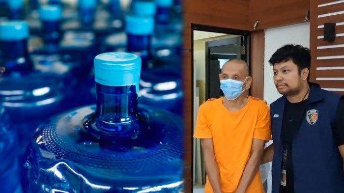 PELAKU PEMALSUAN GALON - SST (40), tersangka kasus pemalsuan produk air minum merek Le Minerale yang diisi menggunakan air tanah di Kabupaten Bekasi. Pelaku dipamerkan saat ungkap kasus di Polres Metro Bekasi, Sabtu (24/5/2025).