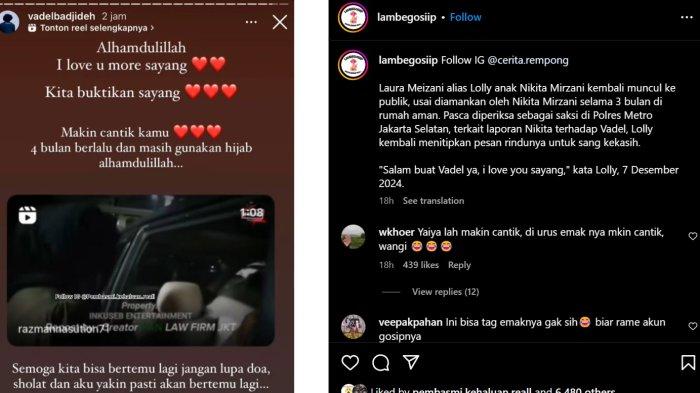 Vadel Badjideh jawab salam sayang Lolly via Instagram Story