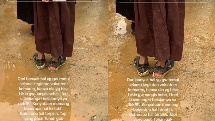 Potret siswi pakai sepattu jebol hingga terlihat tumit viral di media sosial.