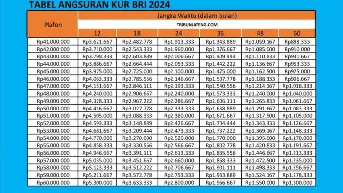 tabel angsuran KUR BRI 2024 Rp 41-60 Juta