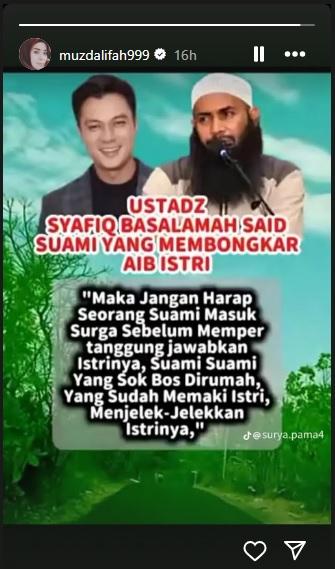 Muzdalifah unggah foto Baim Wong, sentil perihal isi ceramah Ustadz Syafiq Basalamah yang membahas dosa suami lantara membongkar aib istri.