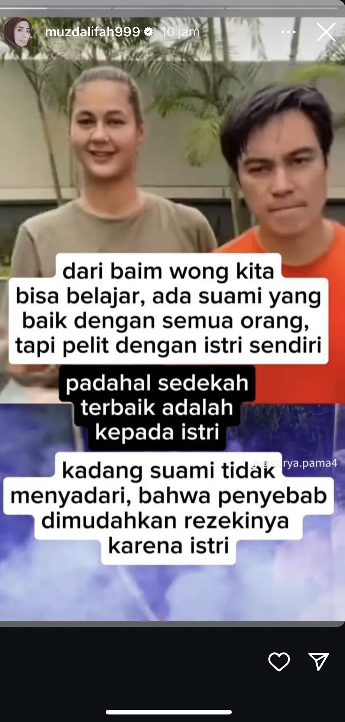Muzdalifah kembali sindir Baim Wong soal pelit.