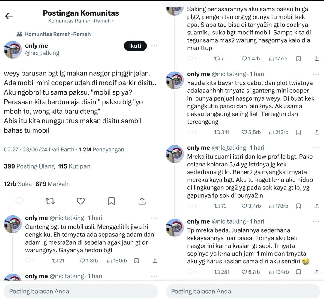 Kisah pedagang nasi goreng yang menggunakan mobil mewah Mini Cooper seharga ratusan juta rupiah asal Inggris itu viral di media sosial X, usai diunggah akun @nic_talking Minggu (23/6/2024).